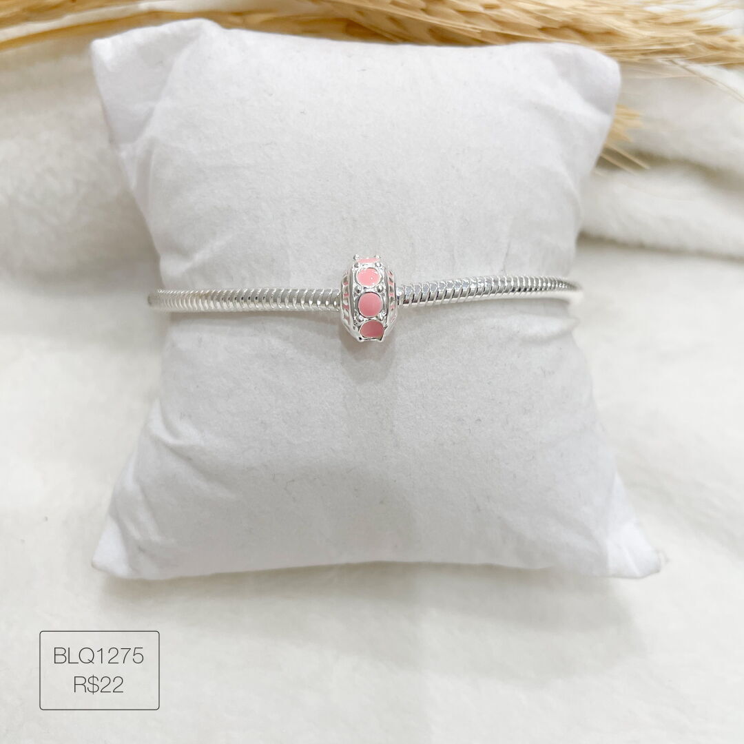 Berloque 9 Bolinhas Cor de Rosa Passador Esmaltado Prateado